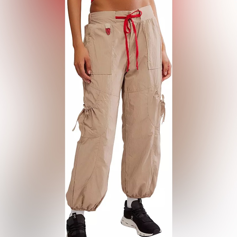 NWT FP Movement by Free People Beige Cargo Track Pants with Red Drawstring
